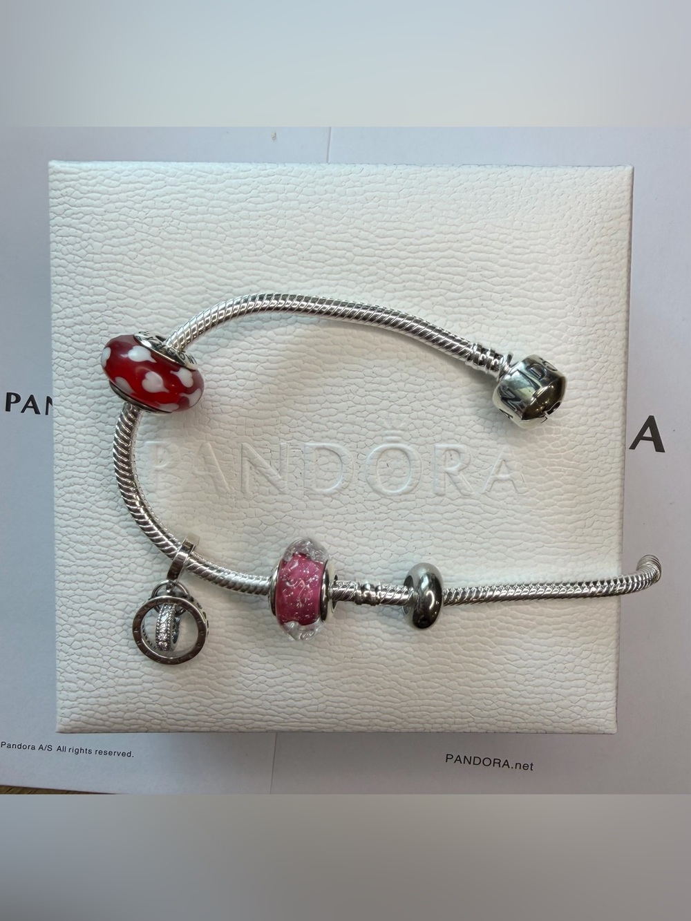 Pandora Silver Bracelet with Pink and Red Glass Beads